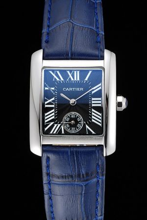 Cartier Silver Hands Date Faux Girls Engagement Tank Watch KDT209 Royal Blue Strap