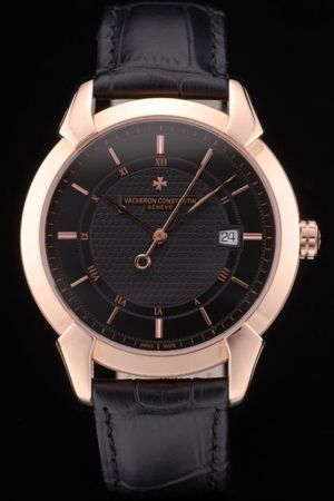  Swiss VC Traditionnelle Rose Gold Case&Pear Pointers Black Glyptic Dial Roman Stick Marker Date Watch