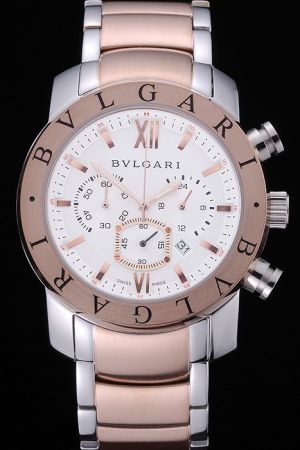Bvlgari Diagono White Dial Pink Gold Bezel Stainless Steel Case Two Tone Bracelet Chronograph Watch BV084