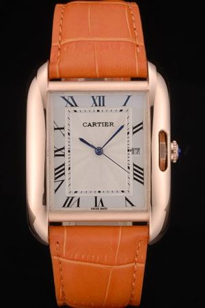 Business Style Cartier Rose Gold S/Steel Orange Strap Date Watch KDT229 Unisex Tank