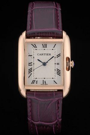 Cartier Tank Rose Gold 30mm Case Suits Watch KDT238 Purple Leather Strap Blue Hands