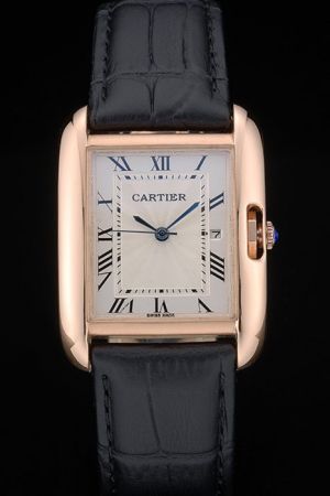 Classy Cartier  18K Rose Gold W5310032 Black Leather Strap  Gents Watch KDT236 Casual Tank