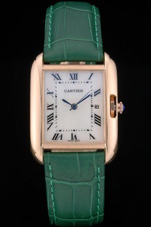 Cartier Business Tank 30mm Quartz Green Leather Strap Watch KDT240 Rose Gold Bezel