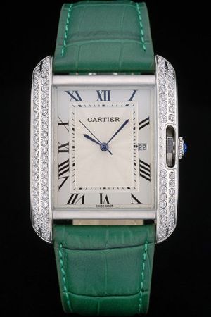 Couples Cartier Diamonds Case White Gold Tank Dress Watch KDT228 Green Bracelet