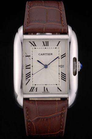 Cheap Cartier White Gold Bezel Tank Date 36mm Watch KDT237 Brown Leather Strap