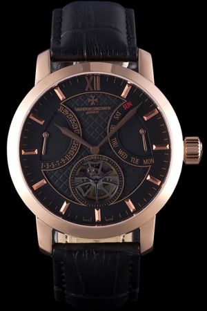  VC Patrimony Traditionnelle Rose Gold Case/Scale/Pointer Black Checked Dial Two Fan-shaped Sub-dials Tourbillon Watch