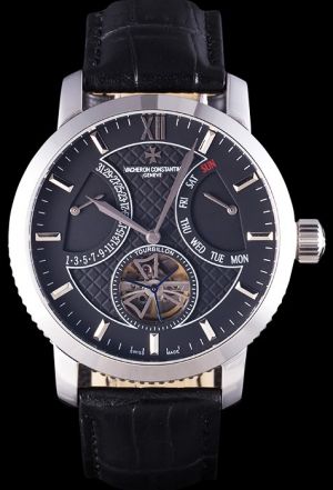 Rep VC Patrimony Traditionnelle Tourbillon Black Checked Dial Silver Case/Marker/Pointer Two Fan-shaped Sub-dials Auto Watch
