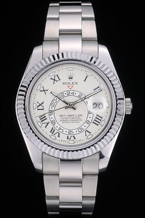 Rolex Sky Dweller White Gold Fixed-fluted Bezel White Dial Roman Hour Marker Stick Pointer 24-hour Sub-dial Date Men’s SS Watch Ref.326939-72419