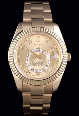 Rolex Sky Dweller Gold Fixed-fluted Bezel Gold Dial Arabic Numerals Scale 24-hour Sub-dial Steel Bracelet SS Automatic Watch Ref.326938-72418