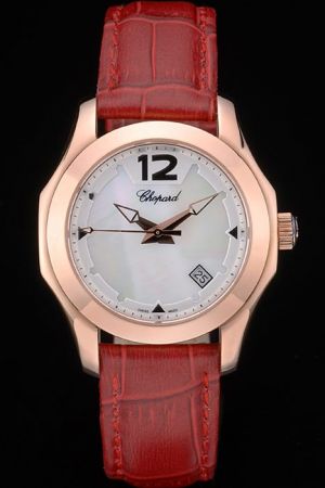 Chopard Rose Gold Case Mother Of Pearl Dial Octagonal Bezel Red Leather Strap Watch Knockoff CP027