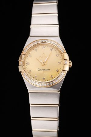 Swiss Omega Constellation 27mm Diamonds Bezel Yellow Gold Dial Diamond/Stick Marker Luminous Hand Two-tone Bracelet Lady Watch