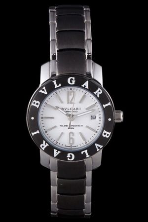 Bvlgari Bvlgari Women's White Dial Black Bezel Two Tone Steel Bracelet 26mm Casual Fashion Watch BV047