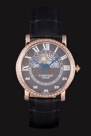 Cartier Diamonds Bezel Moonphase Cheap Couples Dress Watch KDT176 Black Leather Strap