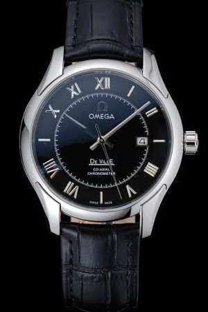 Omega De Ville Co-Axial Chronometer Silver Case/Pointer Black Concentric Dial Roman Hour Scale Black Band Men Date Watch