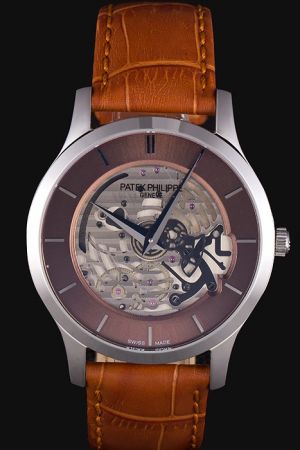 Patek Philippe Complications 42mm Brown Skeleton Dial Stick Scale Replica Quartz Watch 