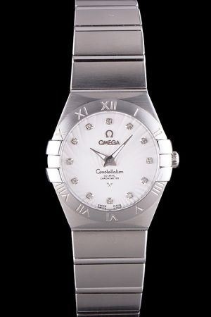 Swiss Omega Constellation White Guilloche Dial Diamonds Hour Scale Luminous Pointer Lady Stainless Steel Watch