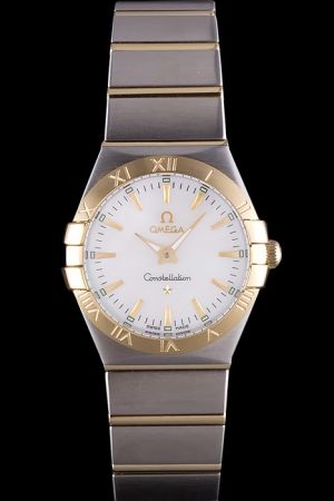 Lady Omega Constellation Yellow Gold Bezel With Roman Numerals White Dial Gold Stick Scale Luminous Hand Two-tone Bracelet Watch