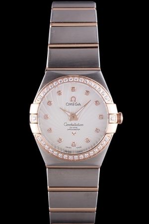 Lady Omega Constellation 28mm Rose Gold Diamonds Bezel White Guilloche Dial Diamonds Marker Steel Bracelet Swiss Watch 123.25.31.20.55.001