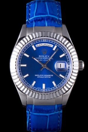 Swiss Rolex Day-date Silver Fluted Bezel Blue Dial/Strap Stick Pointer Week/Date Display Men’s Replica Watch