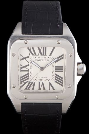 Swiss Made Cartier WH100751 White Gold Bezel Santos Replica SKDT005 Black Leather Wristband