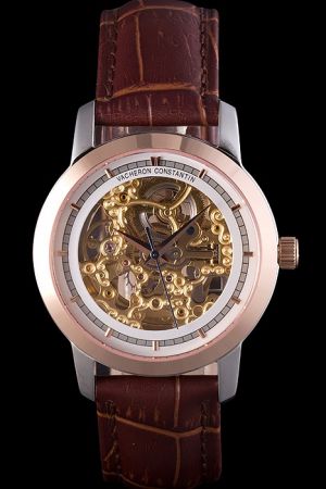 VC Traditionnelle White Skeleton Dial Rose Gold Bezel Stick Track Scale Dauphine Pointers Silver Lugs Watch