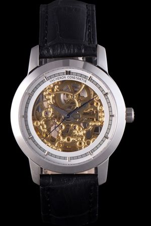 Fake Vacheron Constantin Traditionnelle 38mm White Skeleton Dial Silver Case Stick Track Scale Dauphine Hands Watch