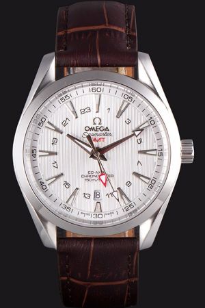 Omega Seamaster GMT Co-Axial Chronometer Aqua Terra White Striated Dial Luminous Scale/Pointer Brown Strap Automatic Watch