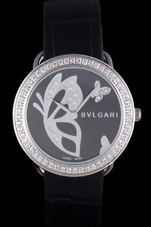 Bvlgari B.zero1 BZ22BDSS.S Butterfly On Black Dial Diamonds Case Black Leather Strap Watch BV030