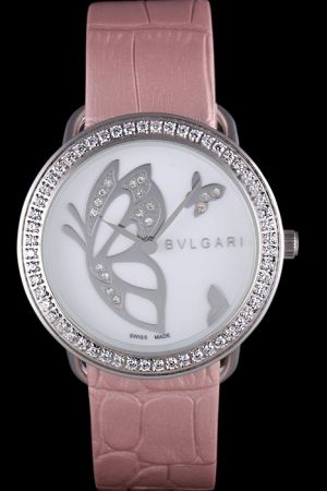 Bvlgari B.zero1 Lovely Butterfly Motif On White Dial Diamonds Case Pink Leather Band Watch For Her BV031