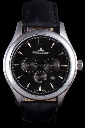Jaeger-LeCoultre Master Chronograph Silver Case Black Dial/Strap Arrow/Stick Marker Three Sub-dials Date Rep Watch Ref. No.1748C1