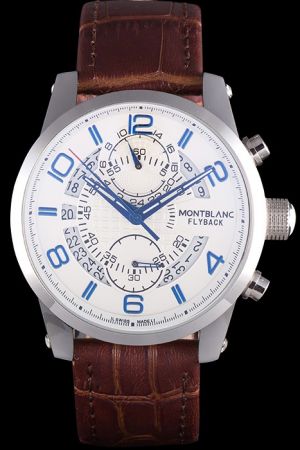 Montblanc Fine Accessories Flyback White Dial Stainless Steel Case Brown Leather Strap Watch MO026