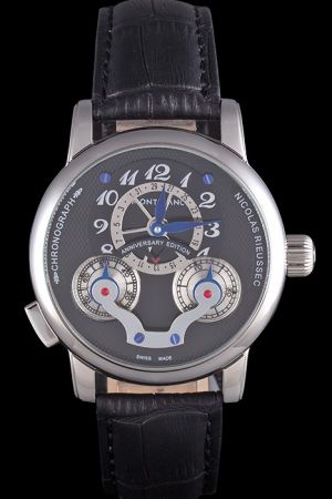 Montblanc Nicolas Rieussec 109996 Black Dial Black Leather Strap Anniversary Edition Chronograph Watch MO028