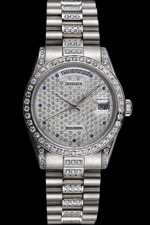 Swiss Rolex Day-date Jewelry Case/Bezel/Dial/Bracelet Sapphires Markers Week/Date Display Stainless Steel Female Watch Ref.218399-83219