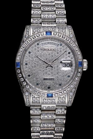 Fake Swiss Rolex Day-date Full Diamons Case/Bezel/Dial/Bracelet Sapphires Hour Scale Sliver Pointers Week Date SS Lady Watch