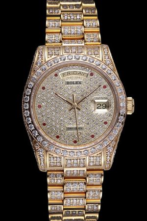 Rolex Day-date Rubies Marker Gold Stick Hands Week/Date Display Full-set Diamonds 18k Gold SS Luxury Women Automatic Watch
