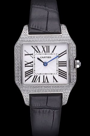 Cartier Rose Diamonds Case Santos Jewelry Replica KDT037 Black Leather Wristband
