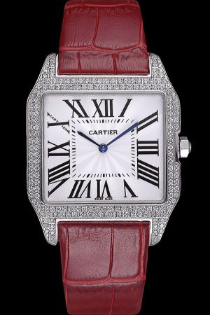 Cartier Diamonds Bezel Santos Couples Dress Watch KDT030 Red Leather Strap