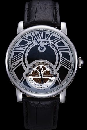 Cartier Flying Tourbillon Rotonde Medium Size Businessman Silver SS Watch KDT116 Black Bracelet