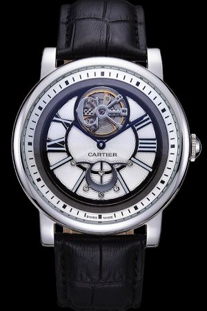 Cartier Tourbillon Rotonde Medium Size Quartz Black Leather Strap Watch KDT135 Silver Bezel