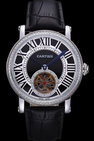 Cartier Rotonde 45mm Black Leather Strap Casual Tourbillon Watch KDT122 Diamond Bezel