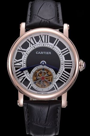  Cartier Pink Gold Bezel Dress W1556229 Tourbillon Rotonde Watch KDT121 Black Leather Strap