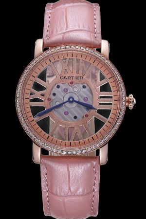 Cartier Rose Gold Case Rotonde Skeleton Dial Replica KDT141 Pink Leather Wristband