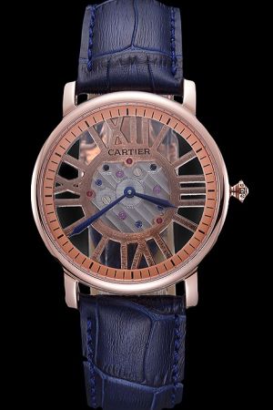 Cartier Rotonde Rose Gold Skeleton Appointment Couples Watch Fake KDT149 Blue Leather Strap