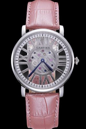 Unisex Cartier Rotonde Skeleton White Gold Watch KDT148 Sweet Pink Leather Strap