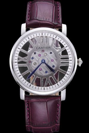  Cartier Purple Strap No Date Silver Rotonde Business Skeleton Watch KDT147