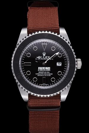 Rolex Submariner Carbon Black Rotating Bezel Chromalight Hour Scale Mercedes Hand Brown Cloth Strap Replica Date Watch For Men