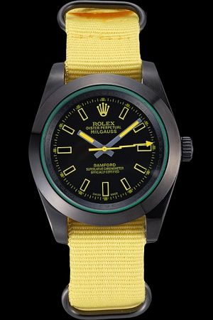 Rolex Milgauss Black PVD Case Black Dial Yellow Scale Stick Pointers With Yellow Lightning Shaped Second Hand Yellow Nylon Strap Rep Watch