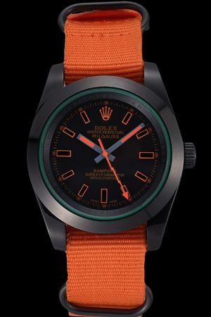 Faux Rolex Milgauss Black PVD Case Orange Scale Stick Pointers With Orange Lightning Shaped Second Hand Orange Nylon Strap Watch