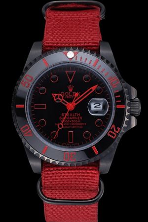 Rolex Submariner Carbon Black Rotating Bezel Red Hour Scale/Mercedes Pointers Big Date Window Red Cloth Strap Automatic Watch 