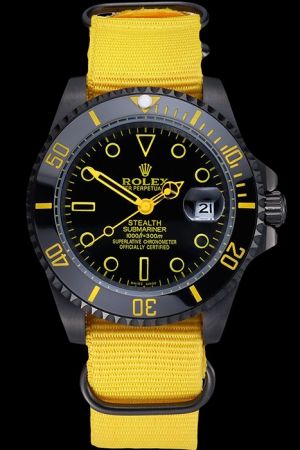 Rolex Submariner Black PVD Case Tachymeter Bezel Yellow Hour Scale/Mercedes Hands Yellow Cloth Strap Date Special Edition Watch